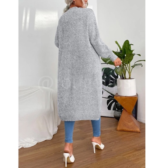 Grey Duster Cardigan Front Pockets Cable Knit Long Sleeve Midi Length - Picture 6 of 8